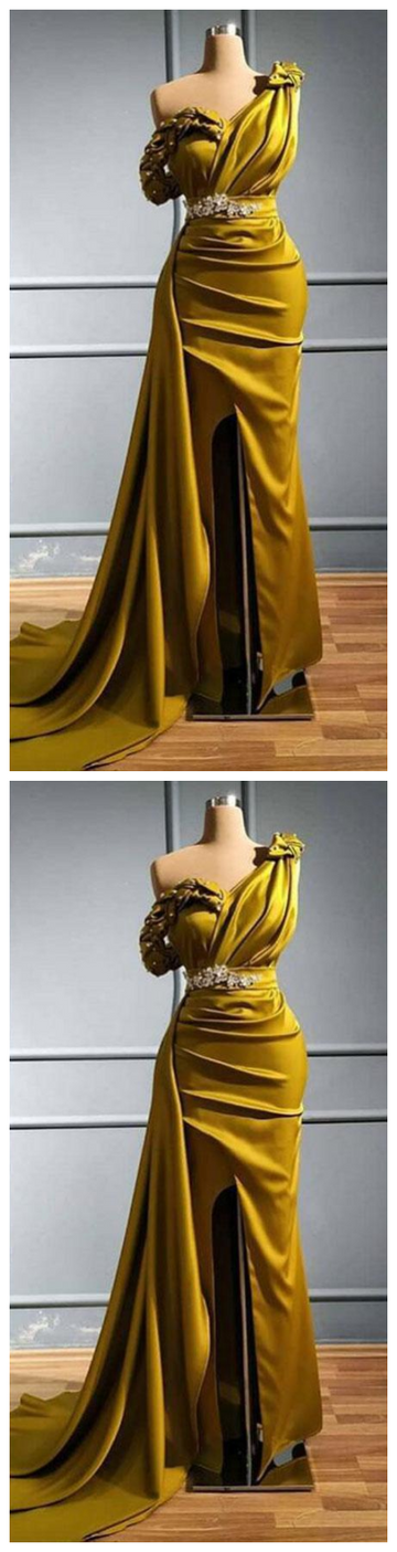 Yellow One Shoulder Mermaid Prom Dresses Sexy Crtstal Beaded Arabic Evening Gown Plus Size High Side Split Formal Party Dress HZ1023